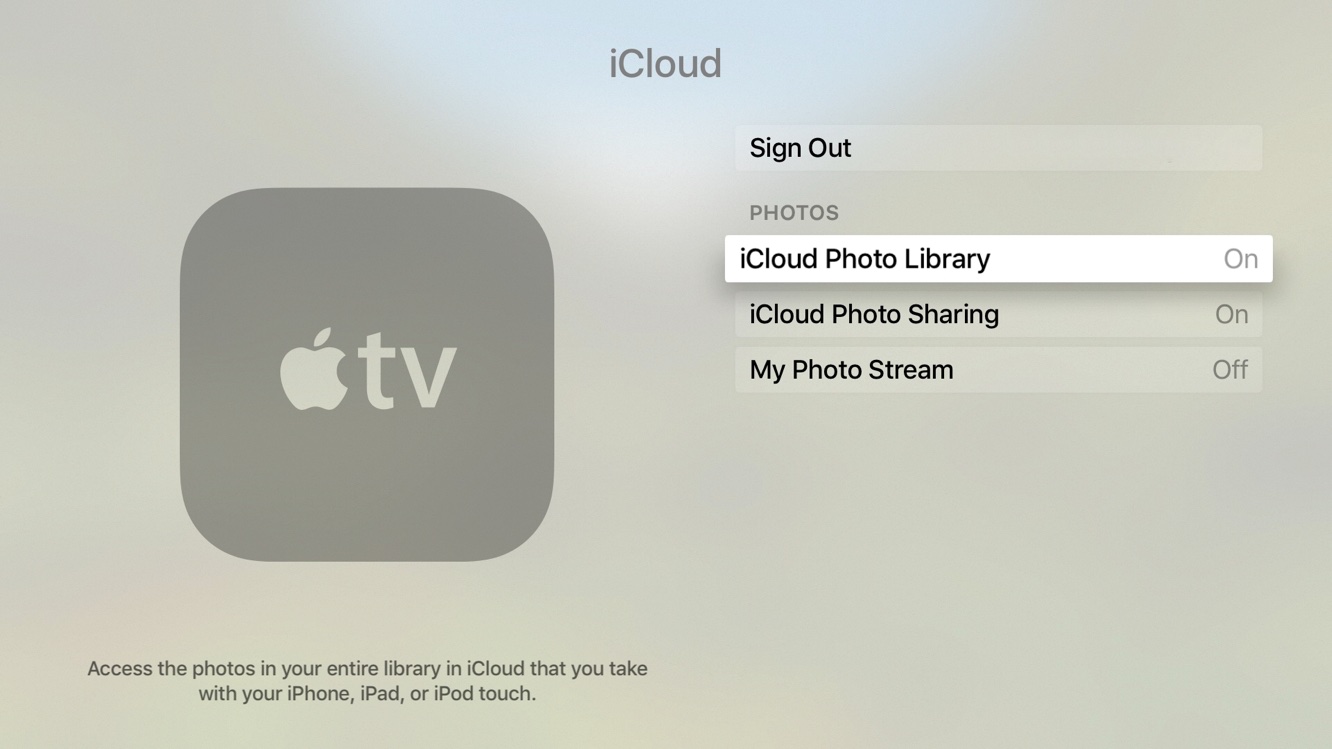 tvOS 9.2 Settings iCloud Photo Library Apple TV screenshot 001