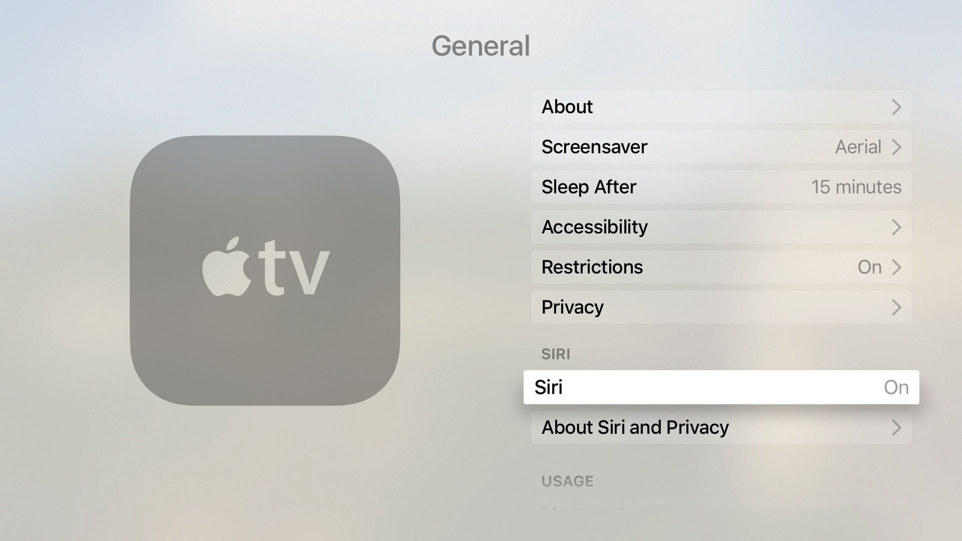 tvOS Settings General Siri enabled Apple TV screenshot 001