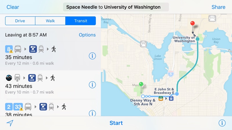 Apple Maps Transit Seattle directions