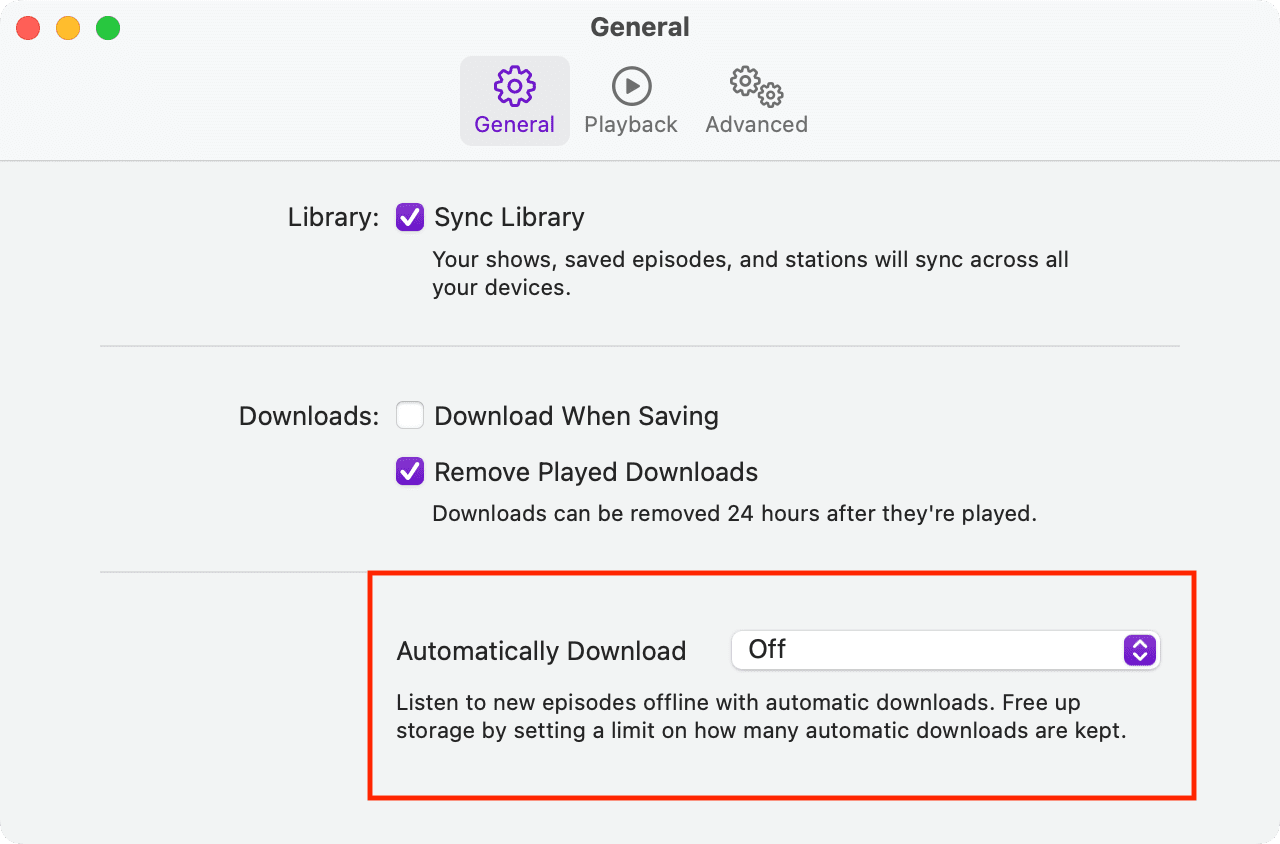 Automatic downloads in Podcasts app on Mac