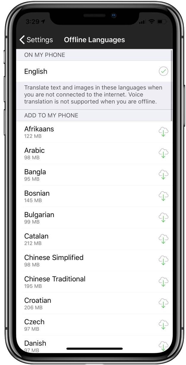 Translate webpages Safari - choosing offline languages 