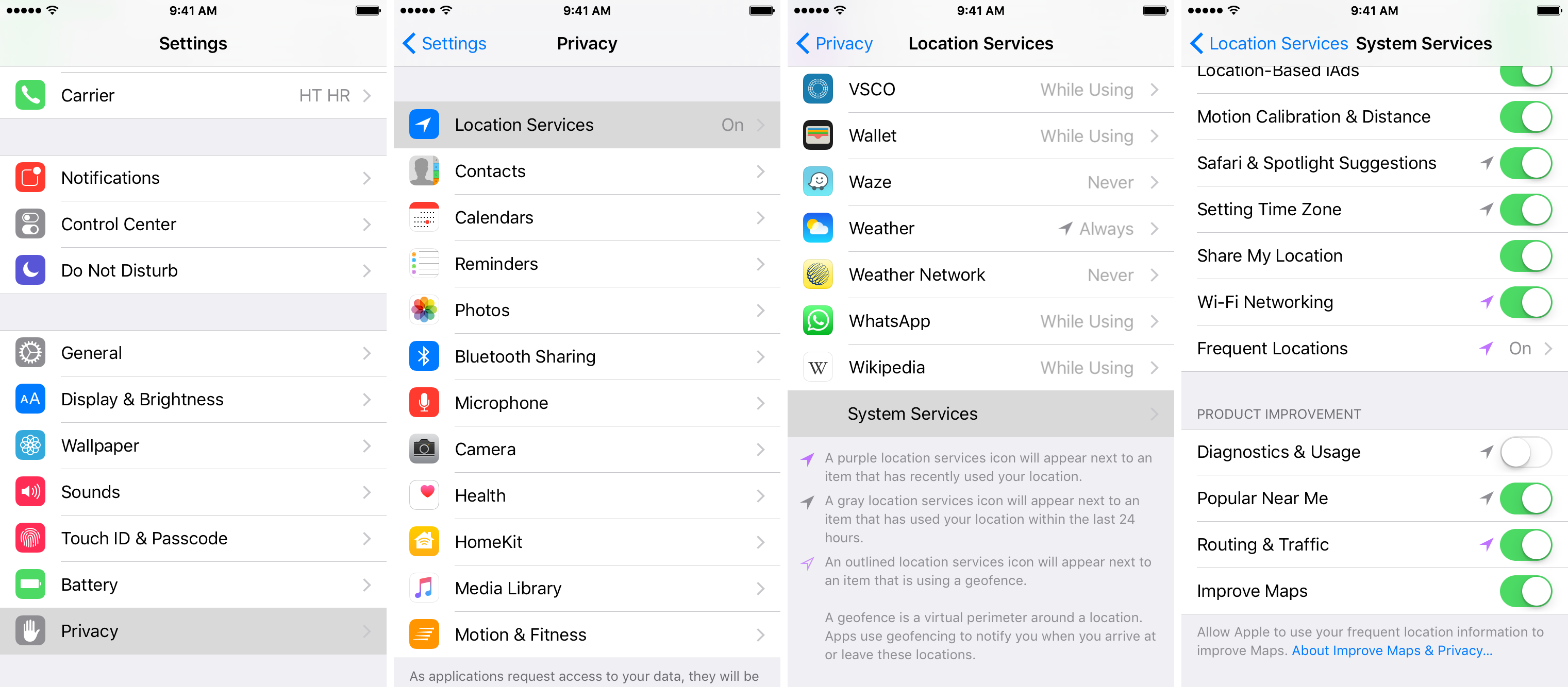 iOS 9 Settings Privacy Location Services System Services Diagnostics and Usage Data iPhone screenshot 001