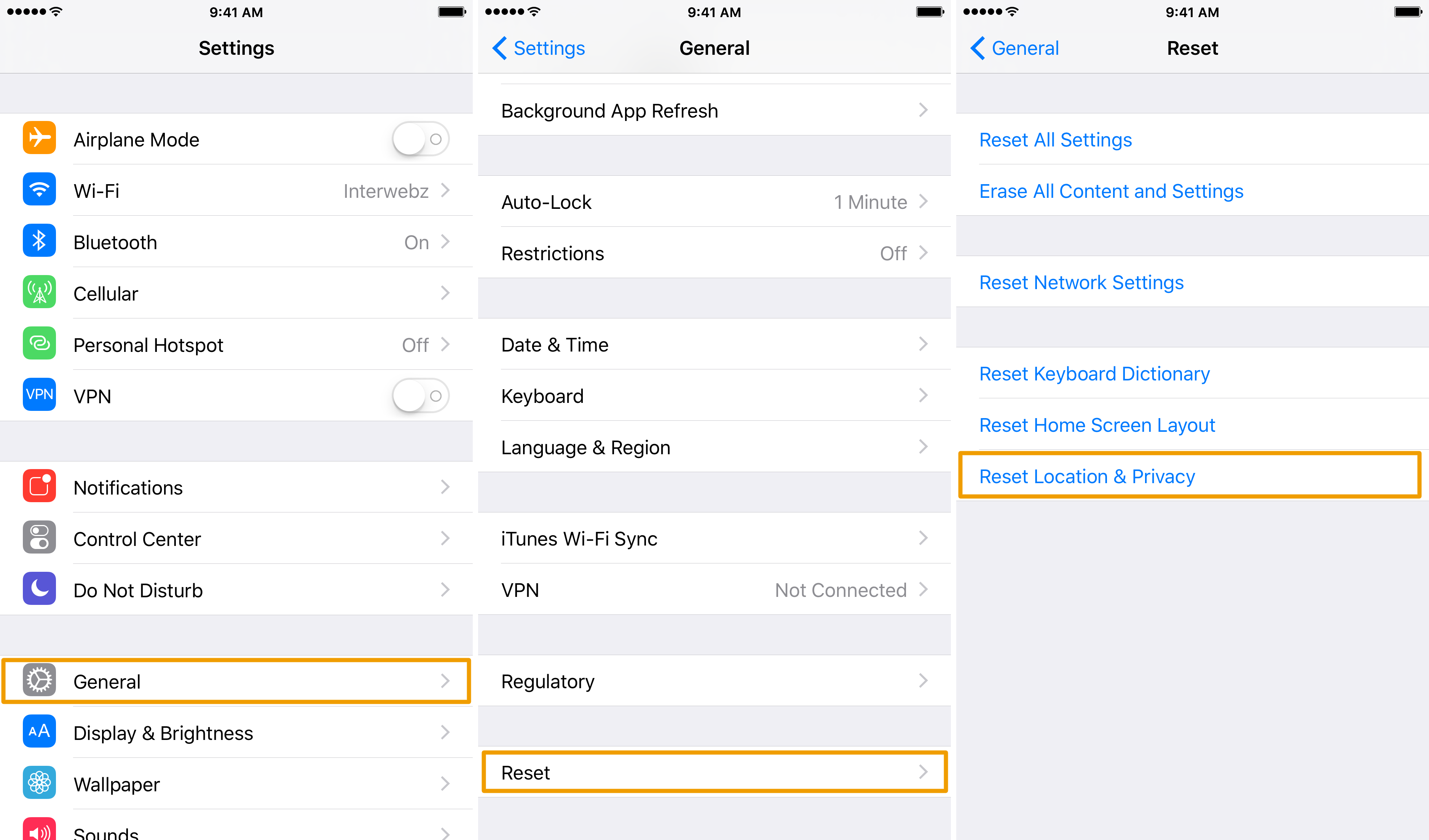 iOS Settings Reset Location & Privacy