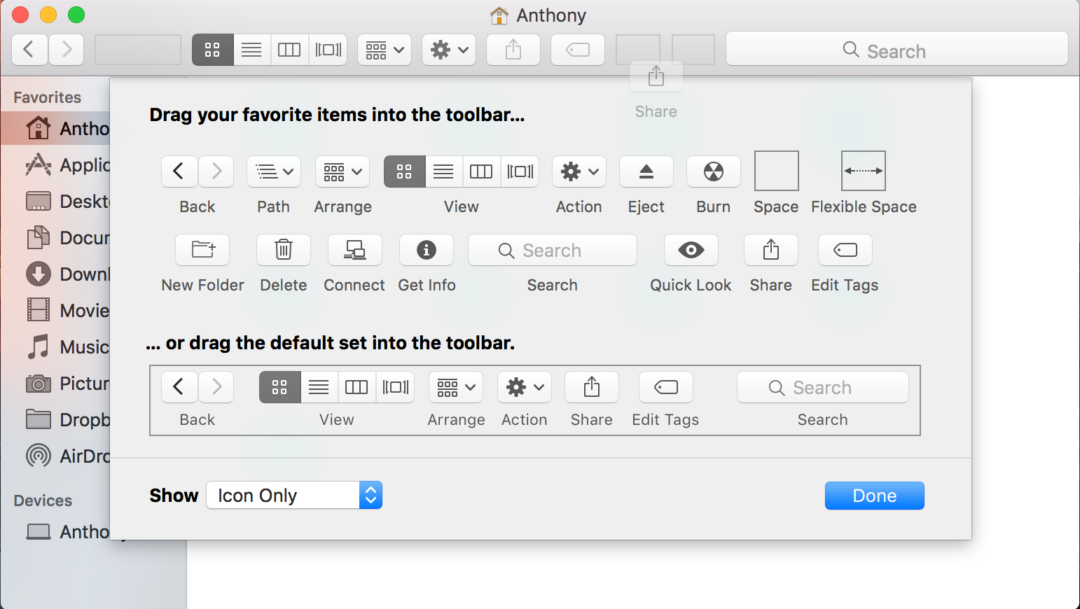 Editing the mac Finder toolbar drag and drop