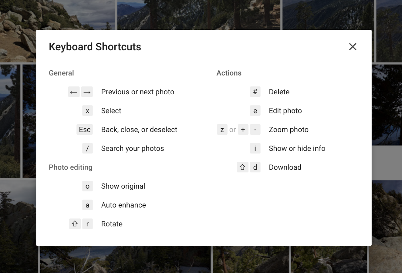 Google Photos keyboard shortcuts web screenshot 001