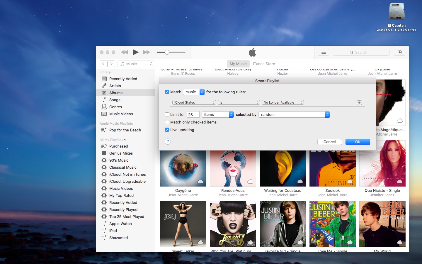 OS X El Capitan how to create iTunes smart playlist of Apple Music songs no longer available for streaming Mac screenshot 002