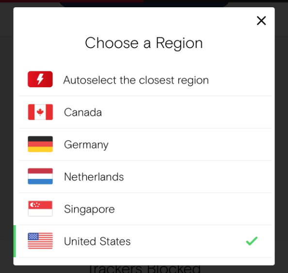 Opera VPN Geographic Locations Popup