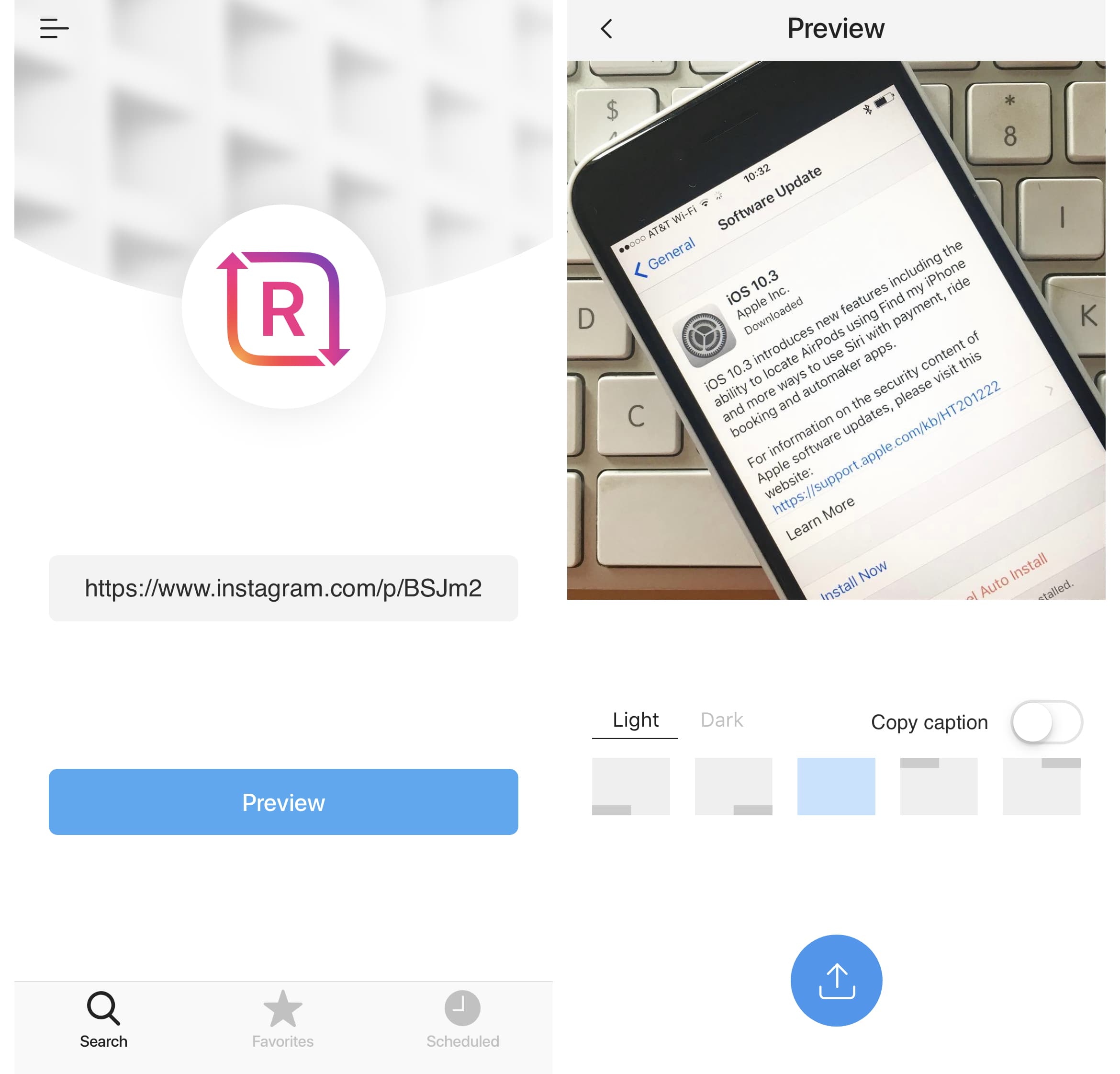 preview instagram photo to repost