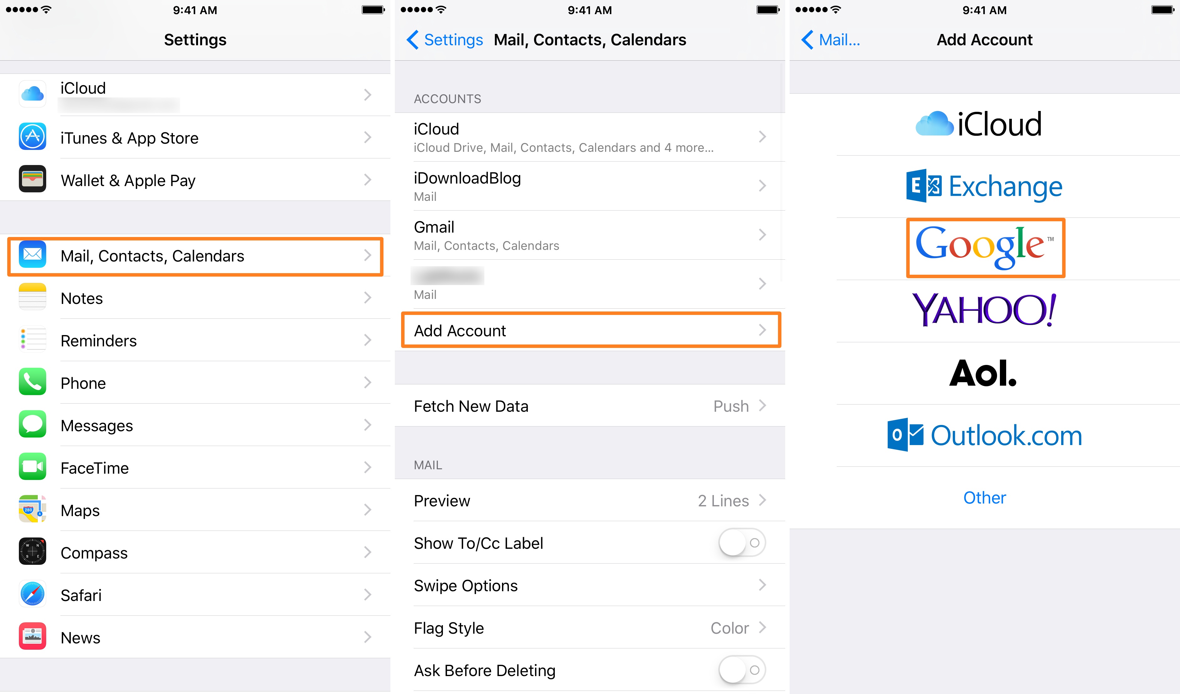 Add Google Account to iOS in Settings Step 1