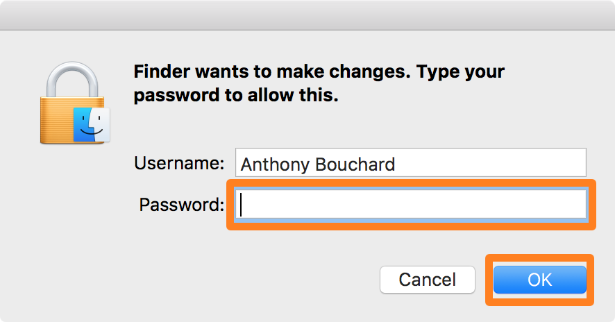 Enter Mac's administrator password to make the changes