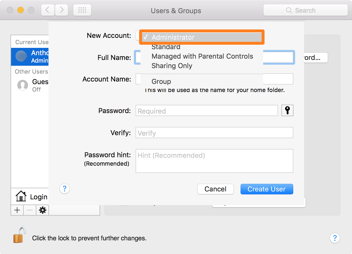 create admin account mac