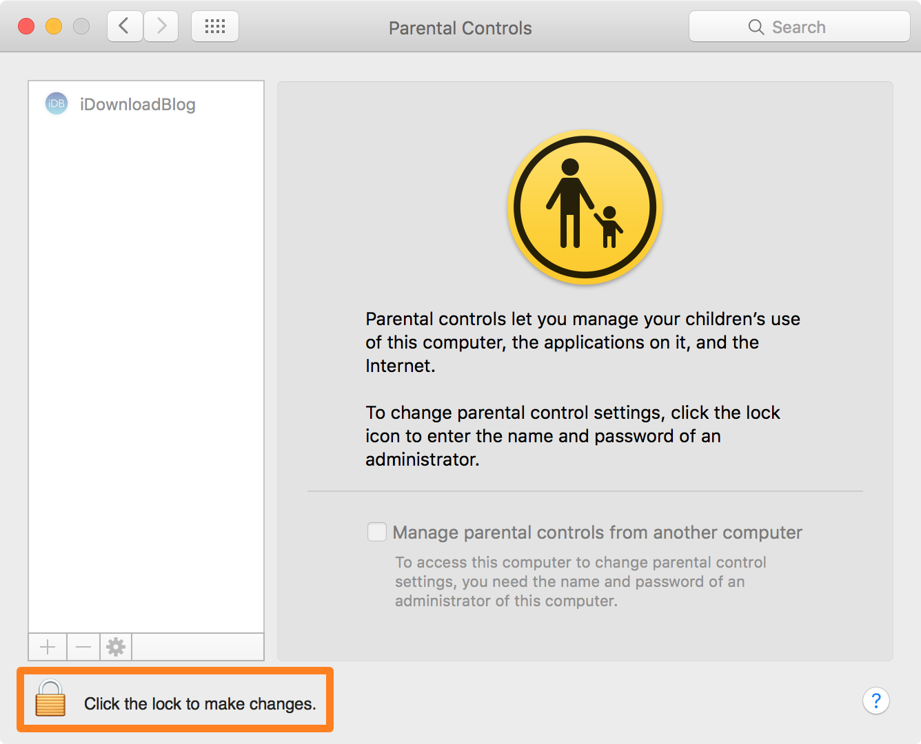 Click the Lock to Make Changes Parental Controls on mac