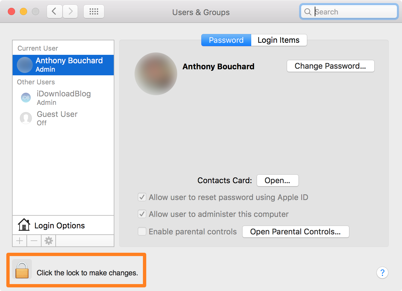 OS X Setting Click the Lock to Make Changes