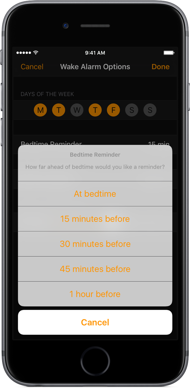 iOS 10 Bedtime Alarm adjusting reminder space gray iPhone screenshot 001
