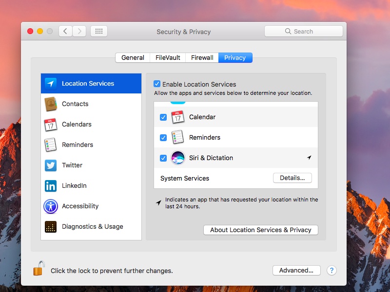 macOS Sierra Siri location settings Mac screenshot 001