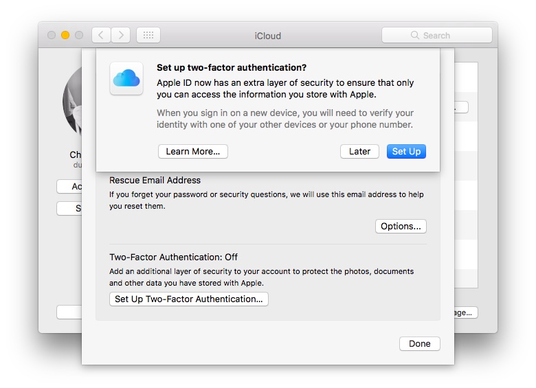 OS X El Capitan System Preferences iCloud two-factor authentication Mac screenshot 001