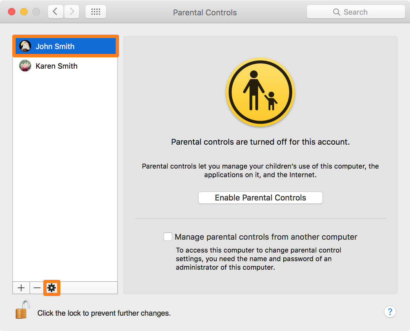 Parental Controls Enable Settings for New User
