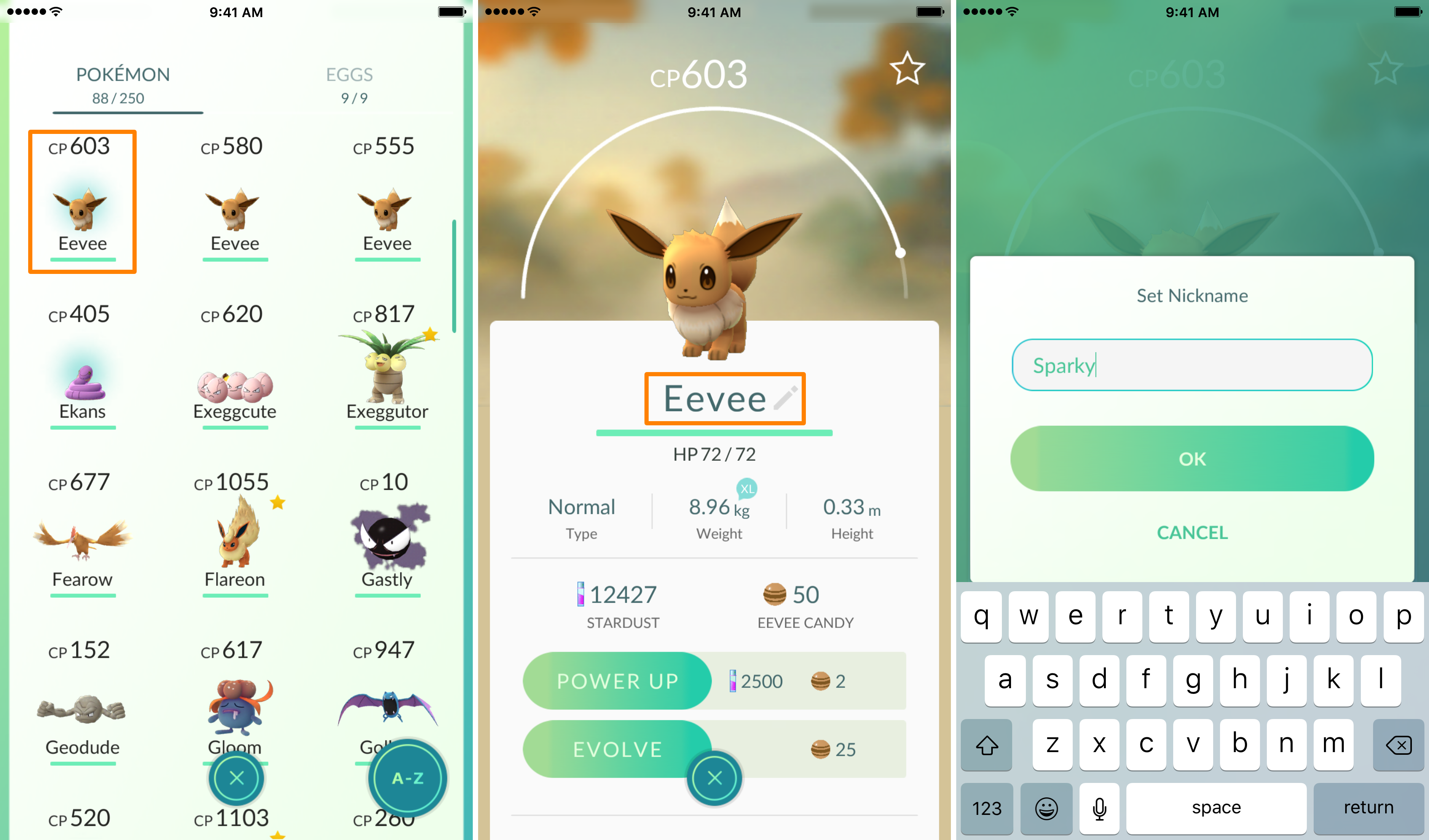 Rename Eevee into Sparky to Evolve into Jolteon