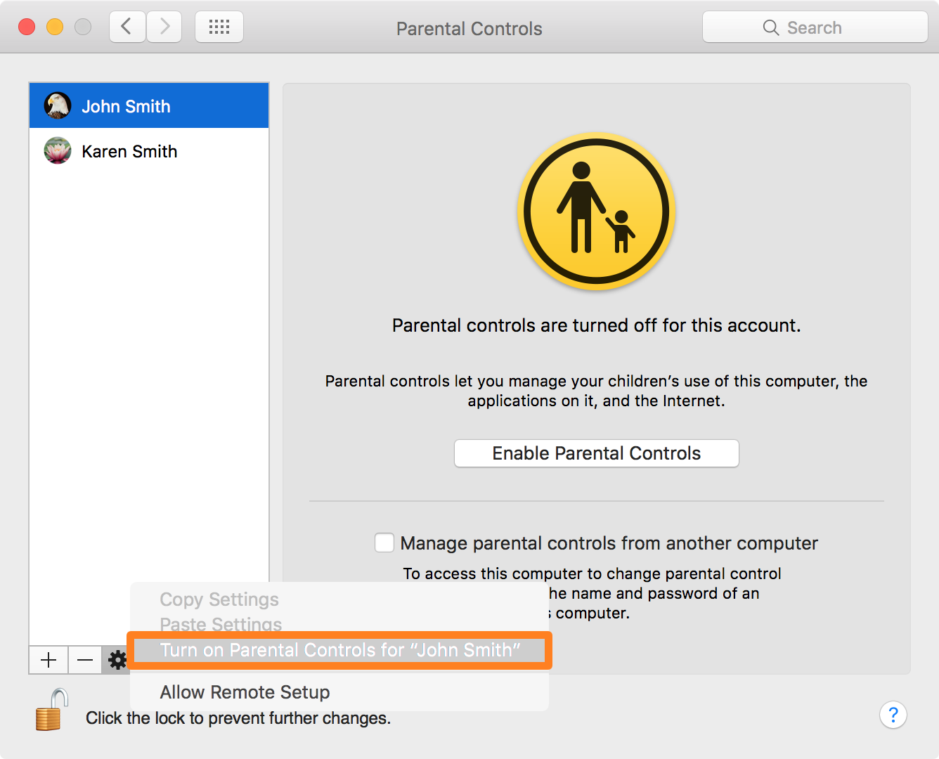 Turn on Parental Controls for Mac User