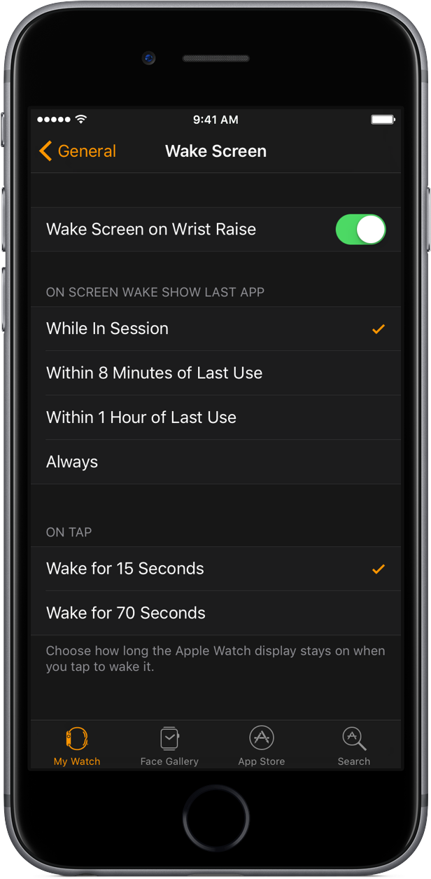 iOS 10 Watch app Wake Screen space gray iPhone screenshot 001
