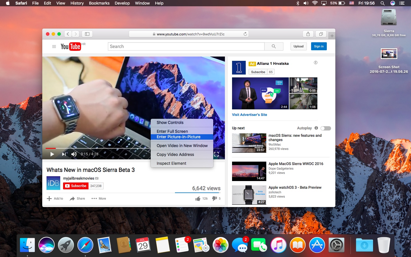 macOS Sierra Picture in Picture enable on YouTube Mac screenshot 002