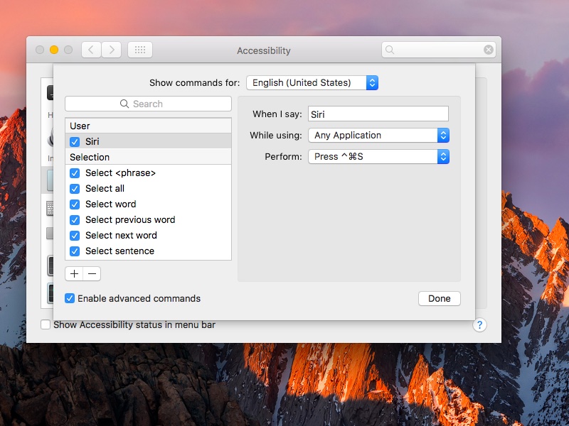 macOS Sierra System Preferences Dictation set Hey Siri command screenshot 005