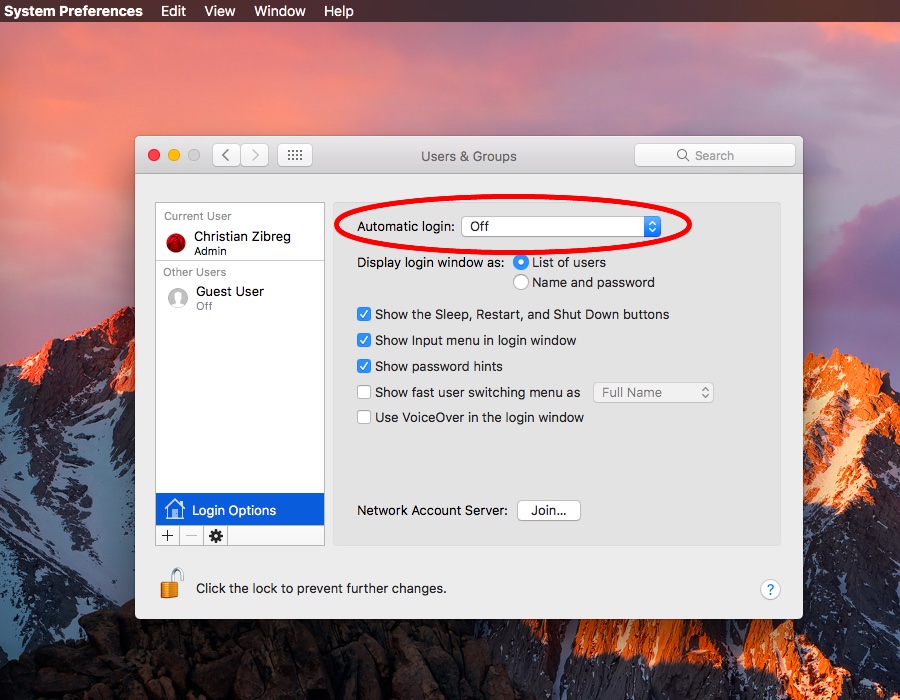 macOS Sierra System Preferences disable automatic login Mac screenshot 001
