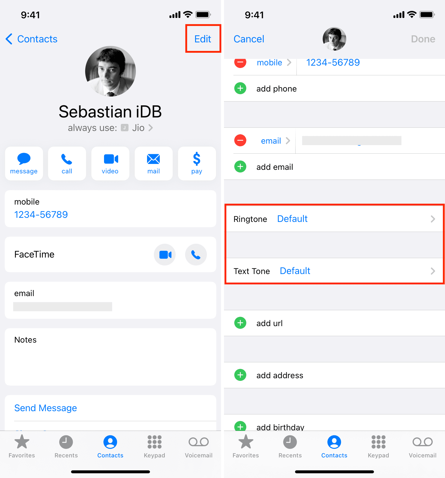 Ringtone and Text Tone settings of a contact on iPhone