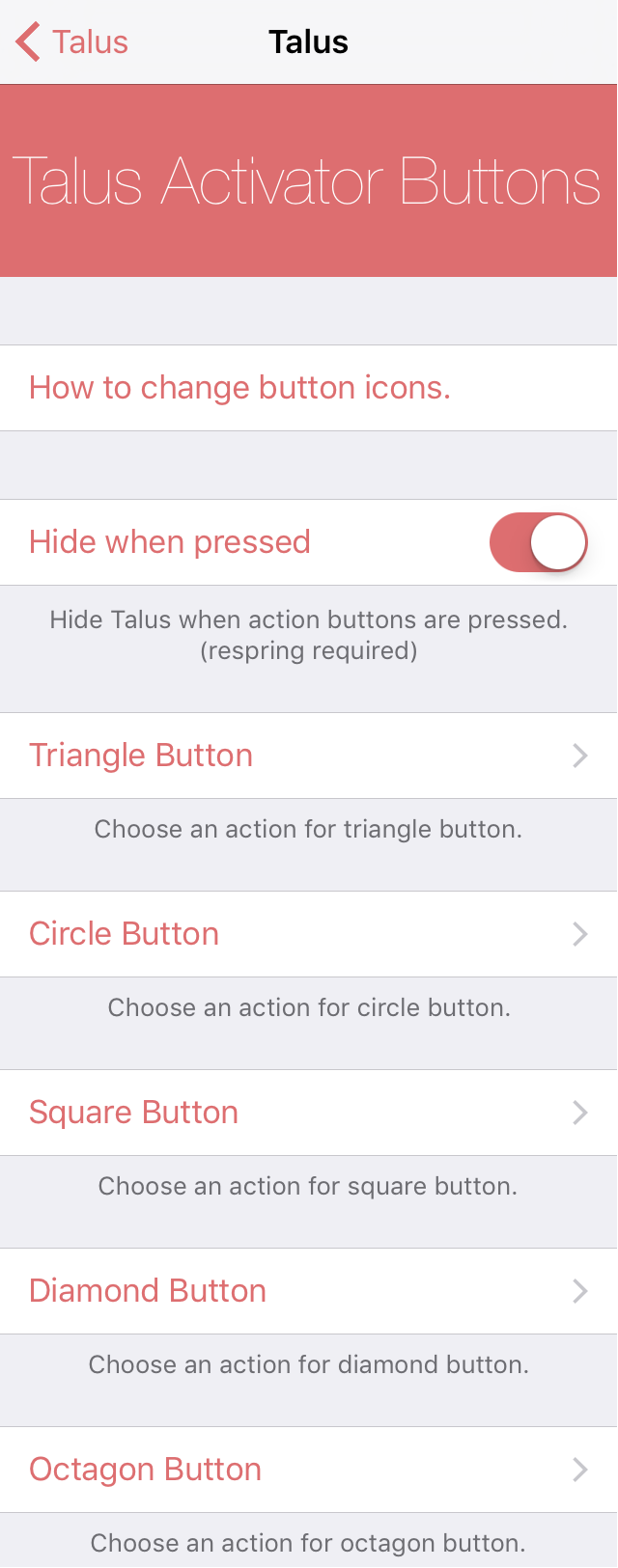 Talus Activator Actions Preferences