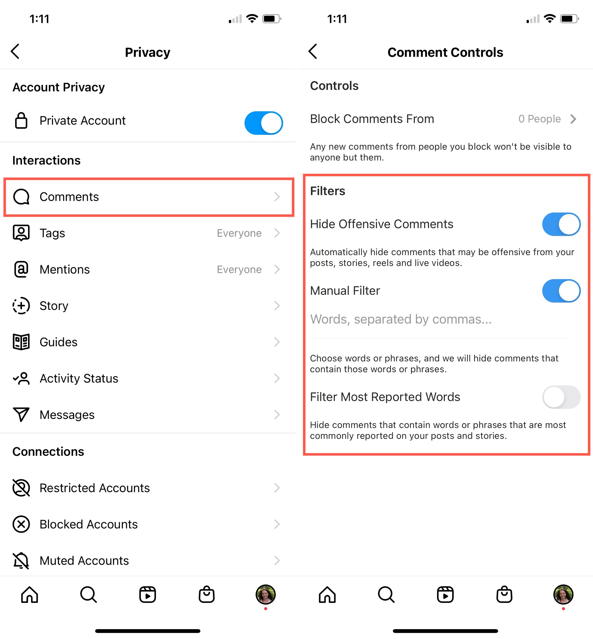 Instagram Privacy Comments that are Offensive and Keywords