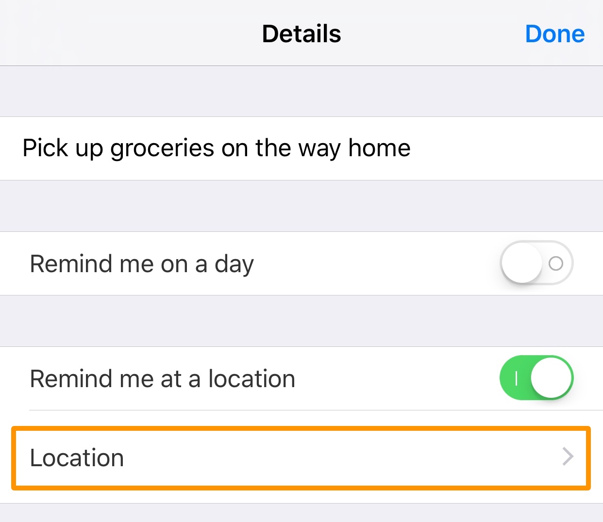 Reminders Location cell open