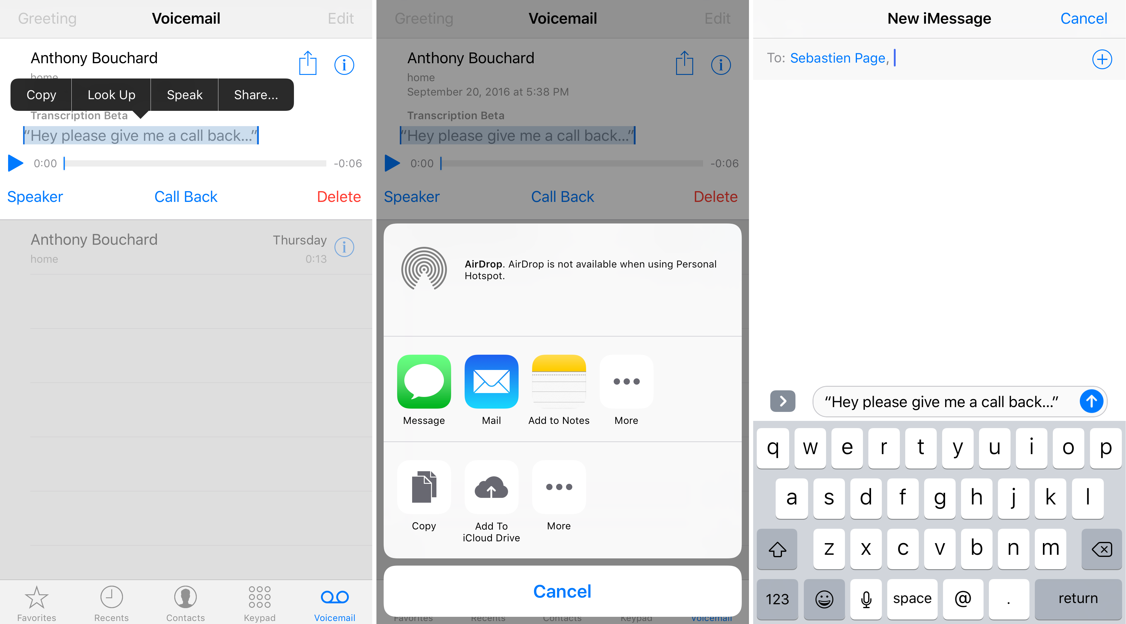 share voicemail transcription iPhone