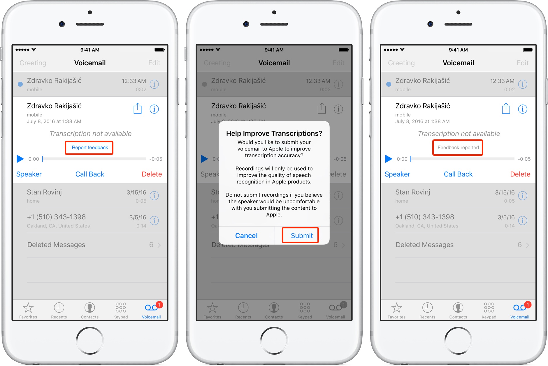 send voicemail feedback to apple