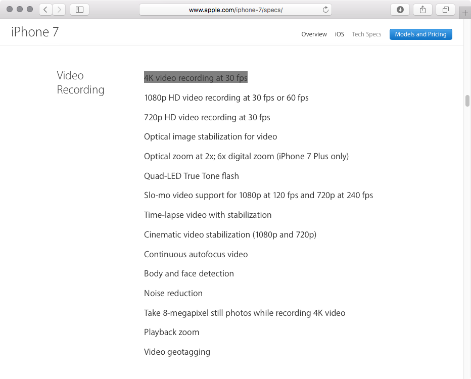 iPhone 7 Tech Specs video recording