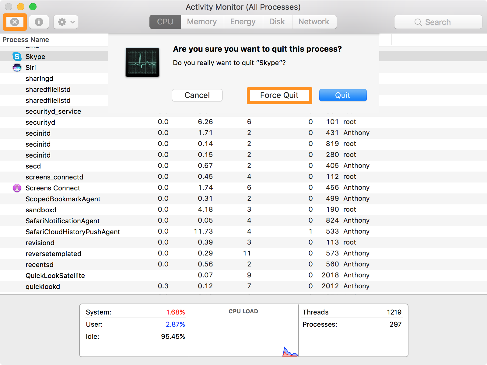 Click Close in Activity Monitor on Mac