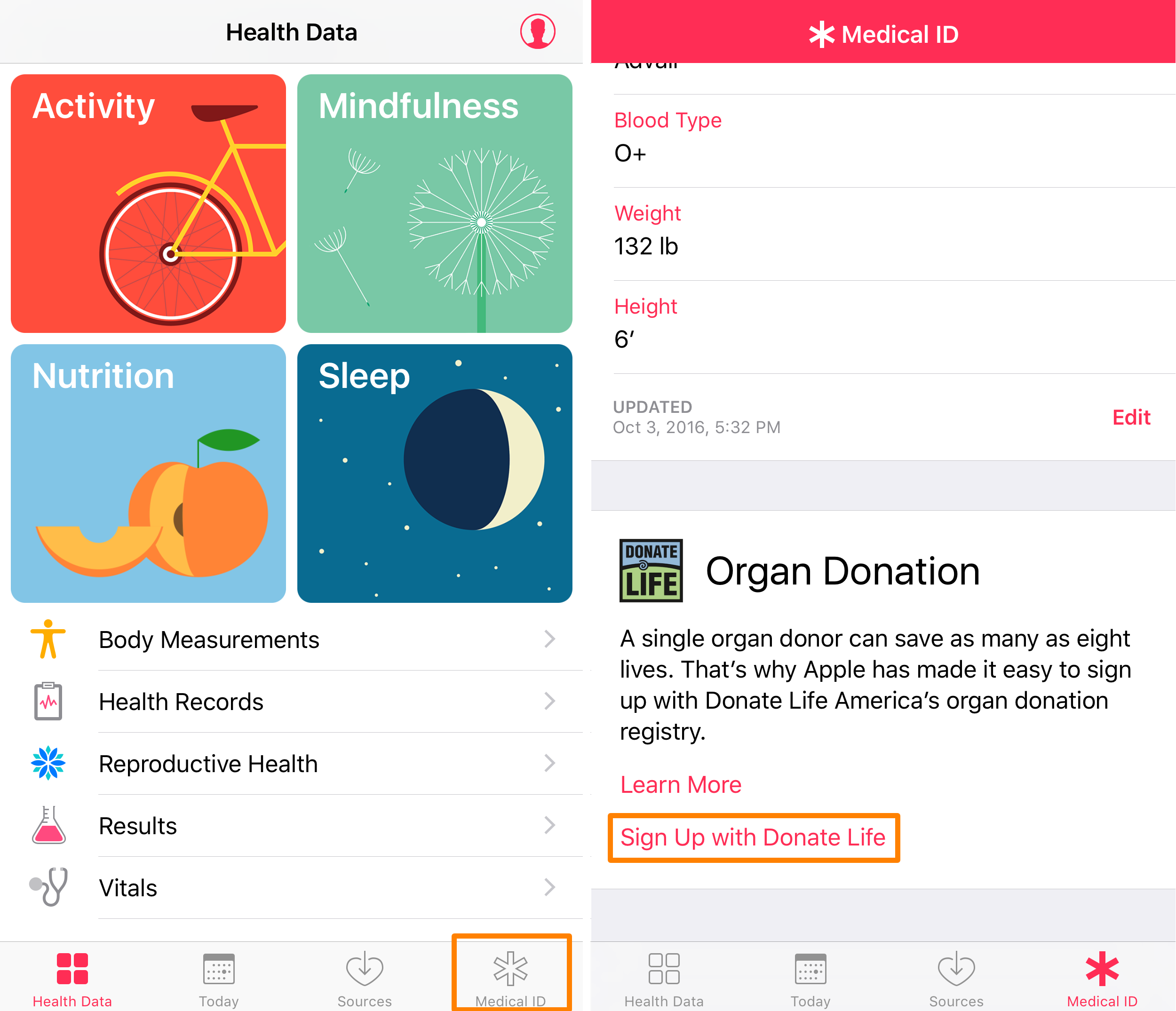 Health App Medical ID Organ Donor Sign Up 1