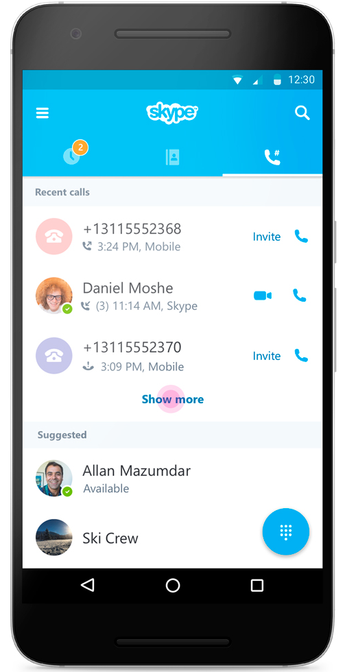 Skype for Android Calls tab