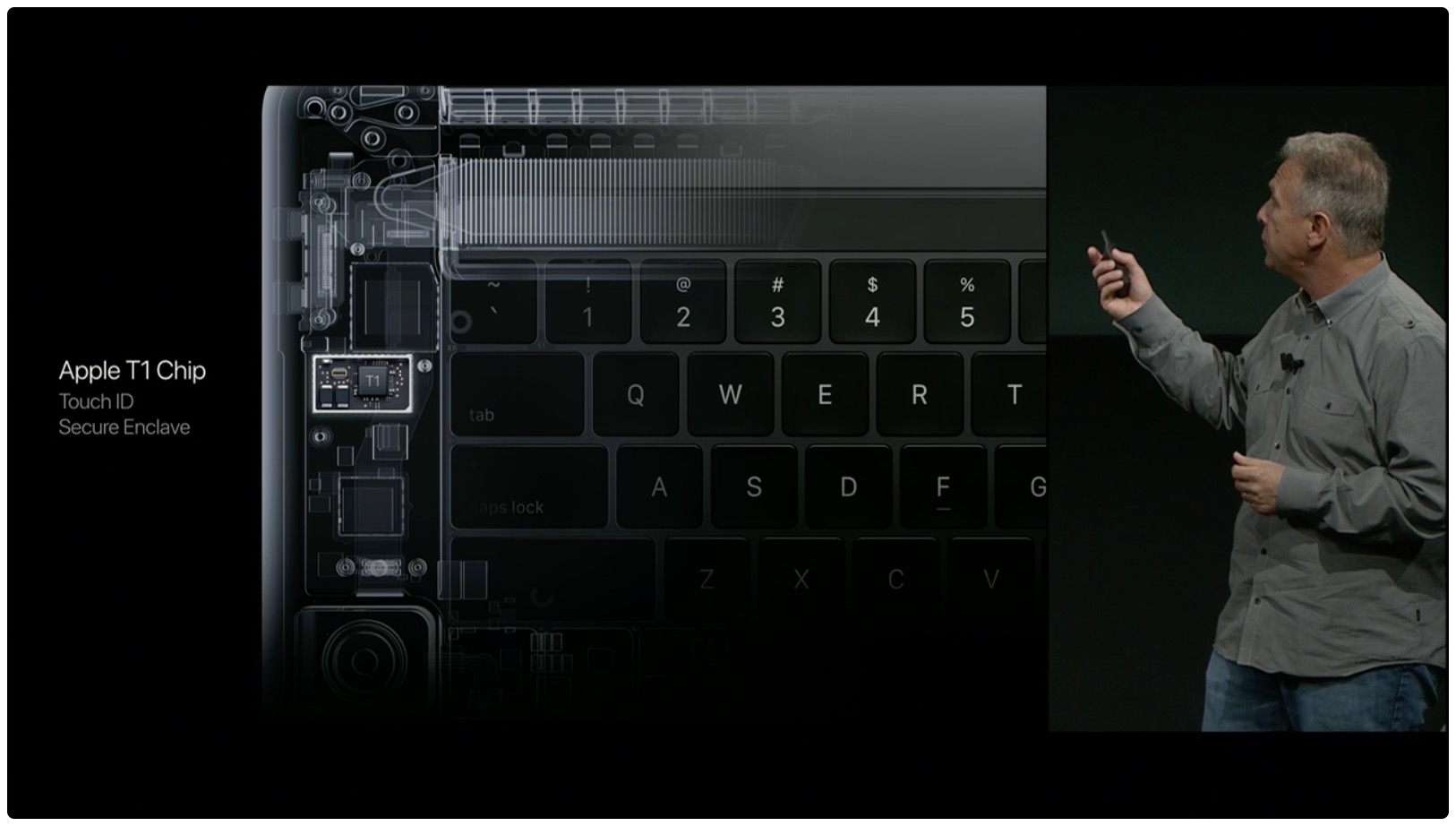 Phil Schiller presenting the Apple T1 Chip on a MacBook