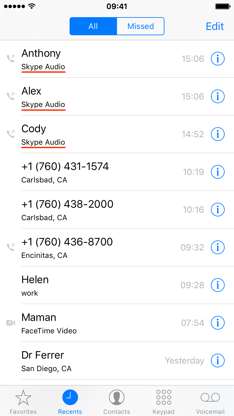 hide skype calls from recents phone