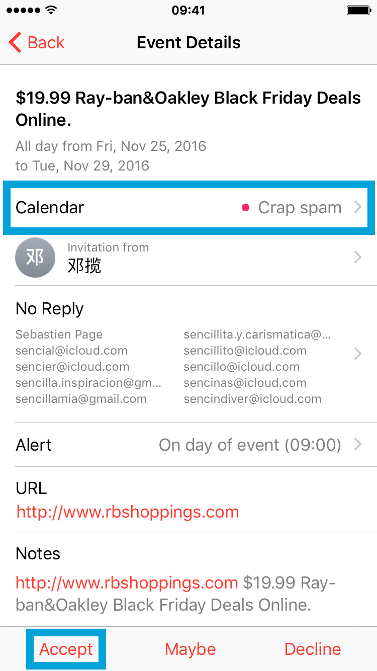 delete icloud calendar spam