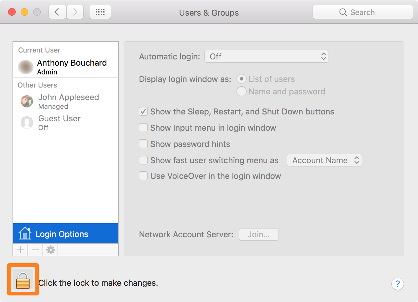 macOS Login Options Lock Button