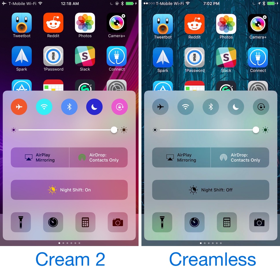 Cream 2 and Creamless Control Center Toggle Tweaks