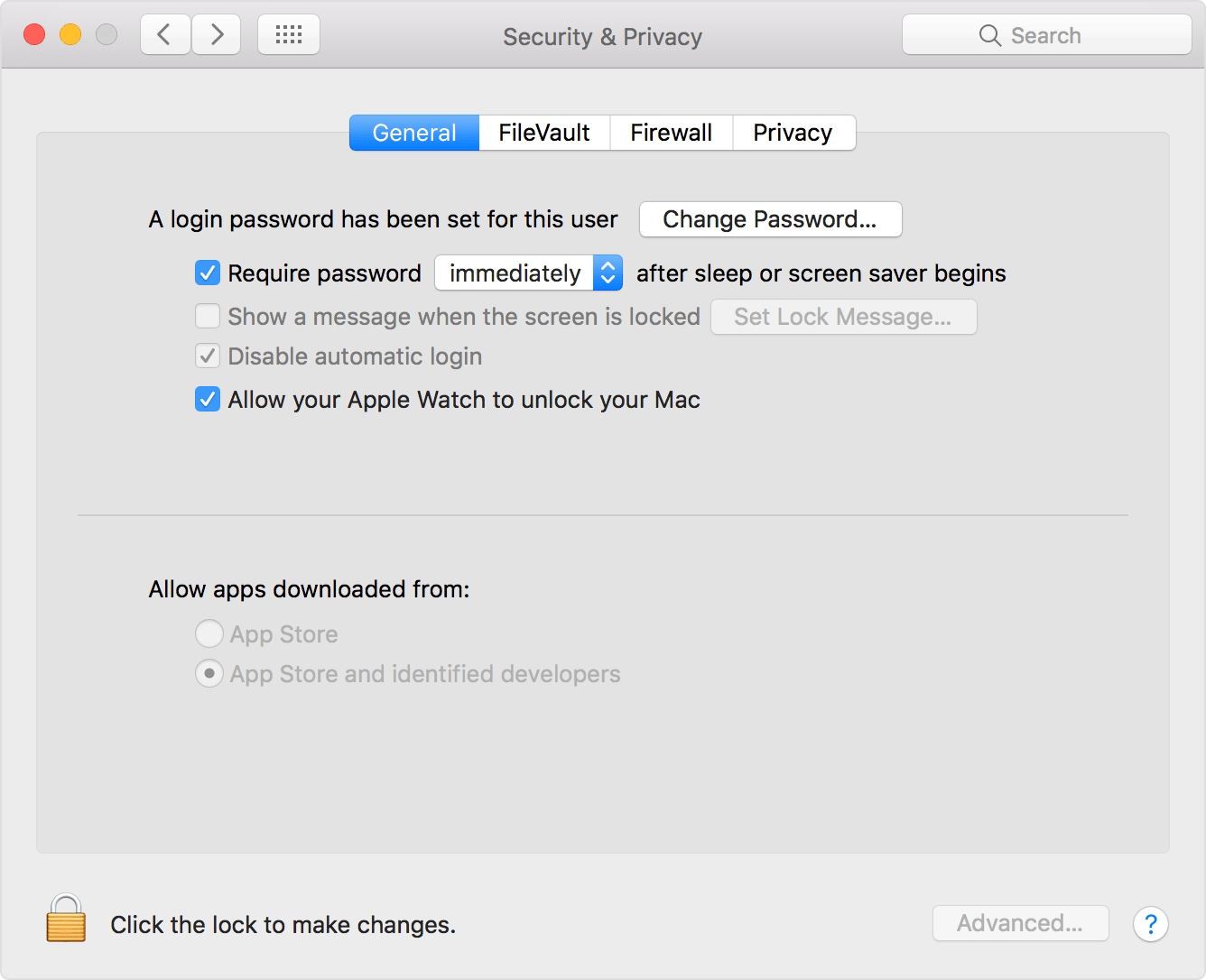 macOS Sierra System Preferences Security and Privacy GEneral Auto Unlock screenshot 005