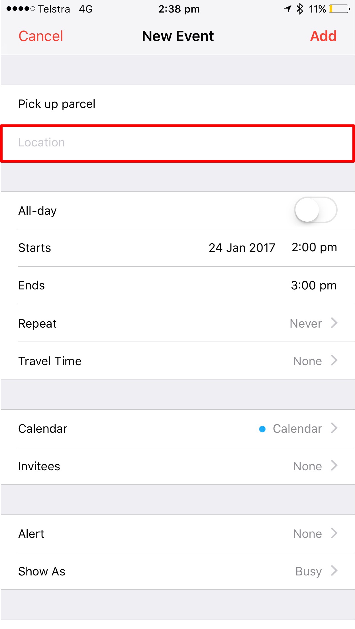 Add location to event in calendar