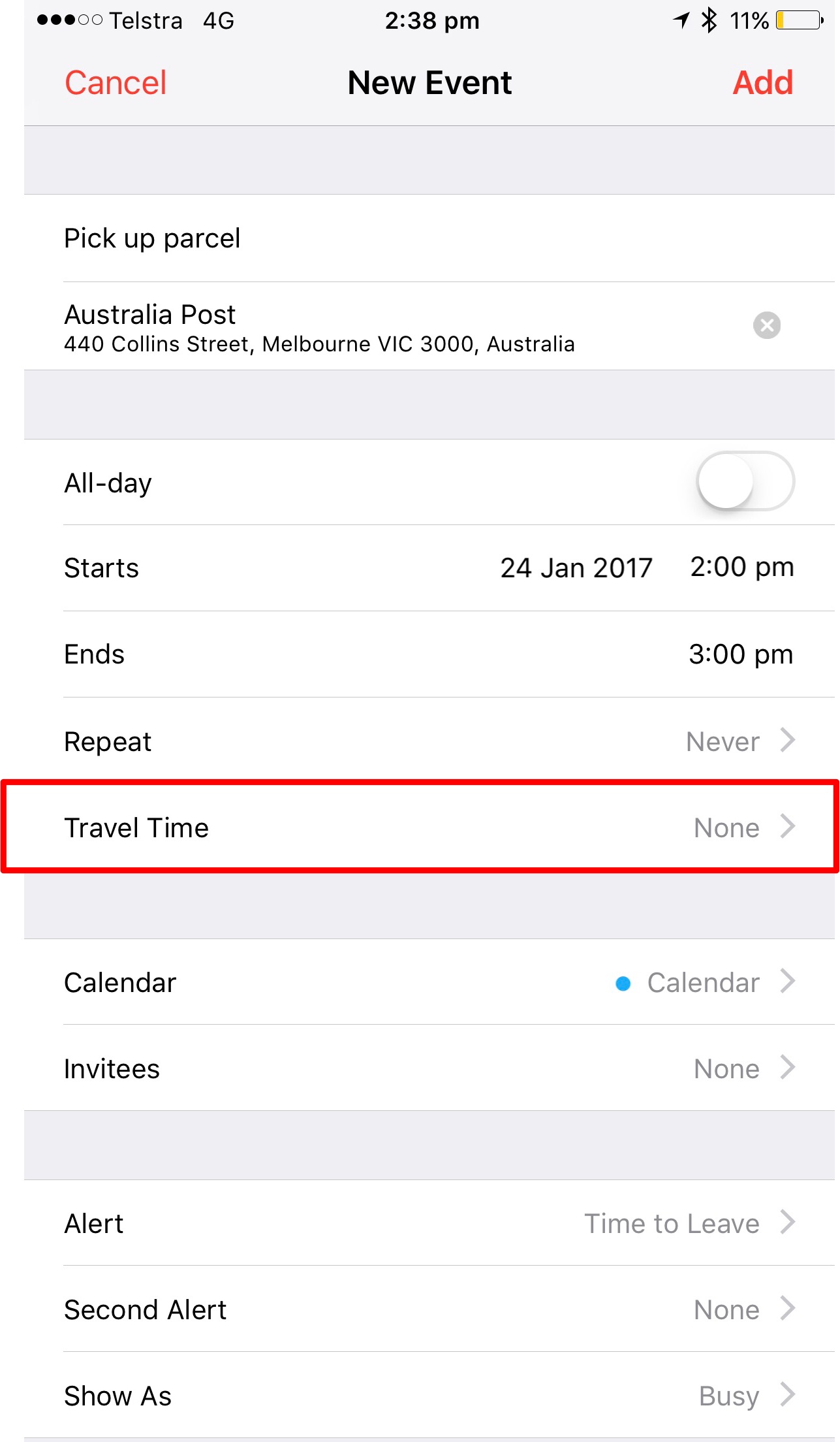 Select Travel Time option in Calendar