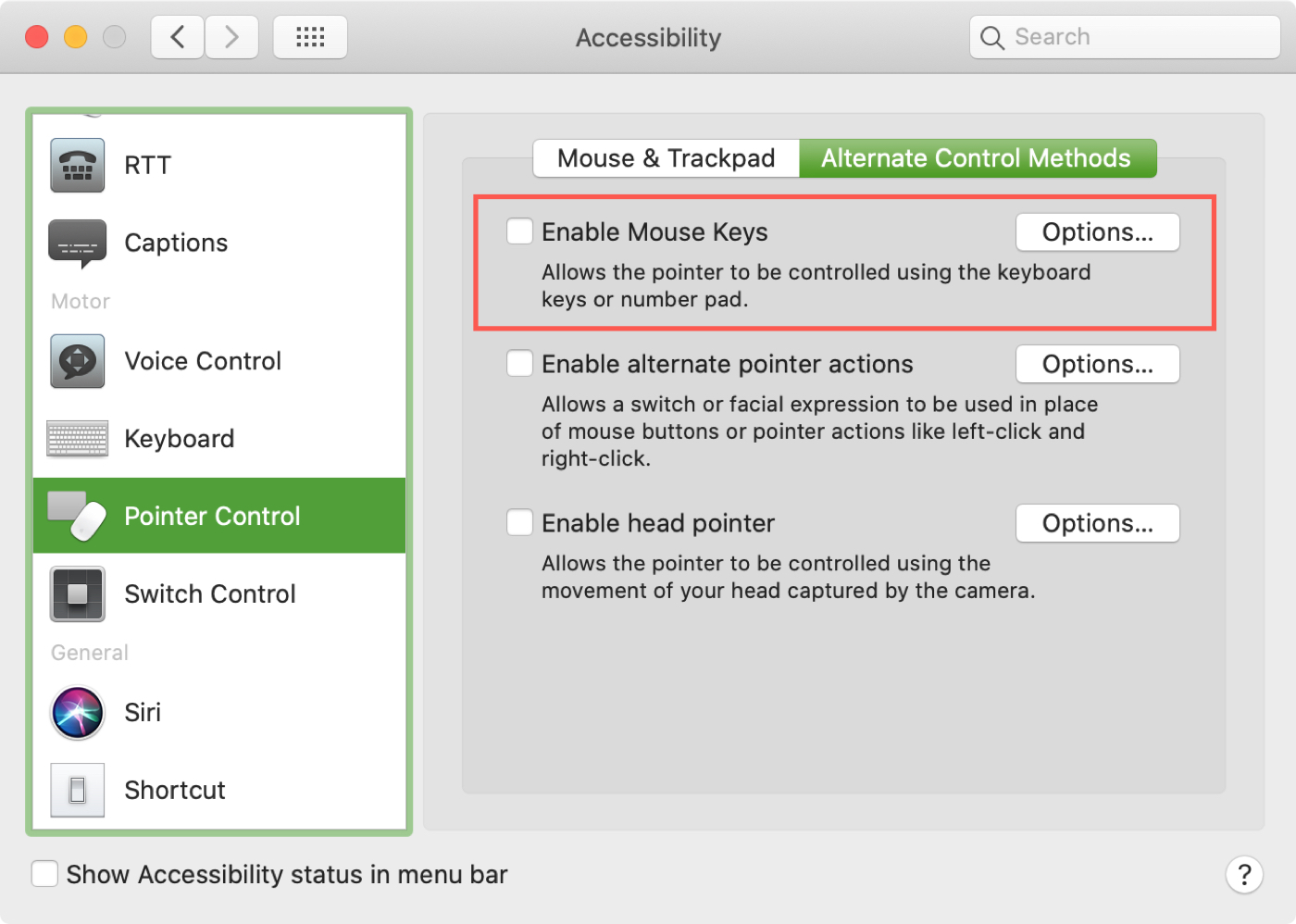 Alternate Control Methods Mouse Keys Options