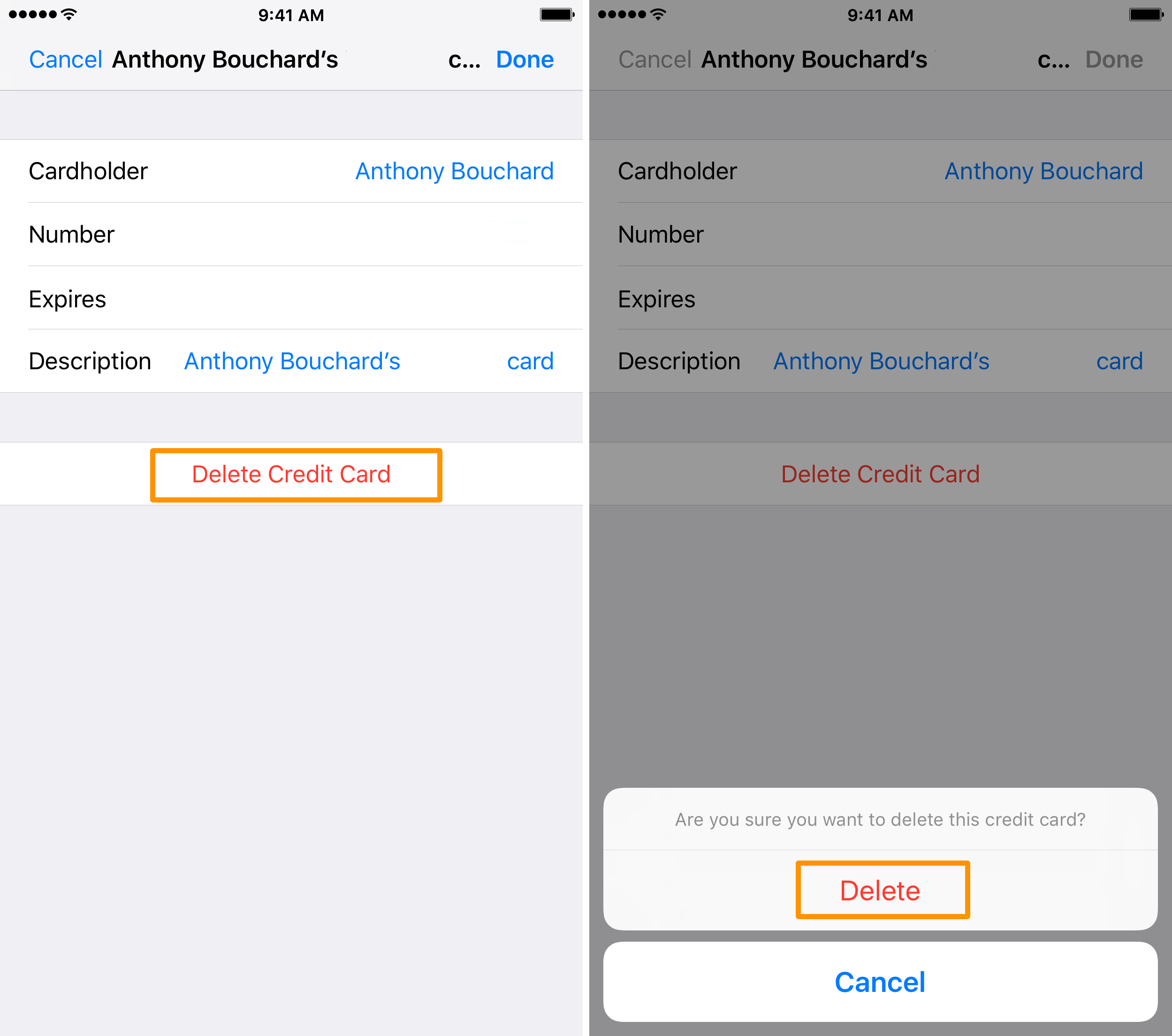 Delete credit card from autofill in Safari