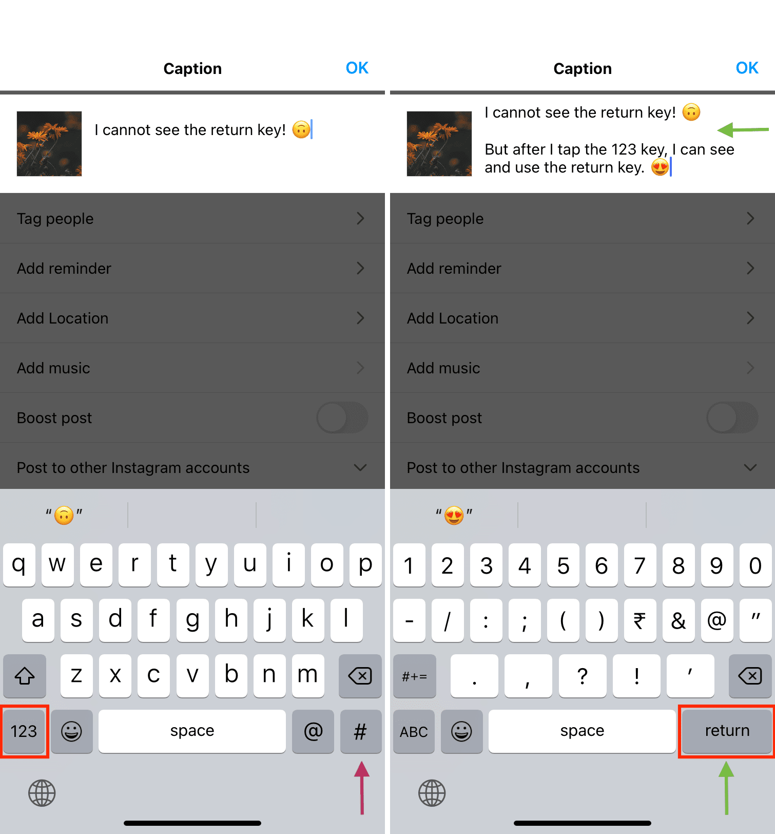 Use the return key in iOS keyboard on Instagram to add a line break