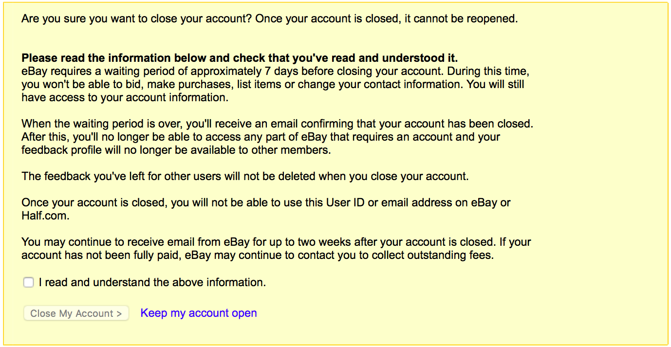 delete eBay account - Confirm you want to close your account