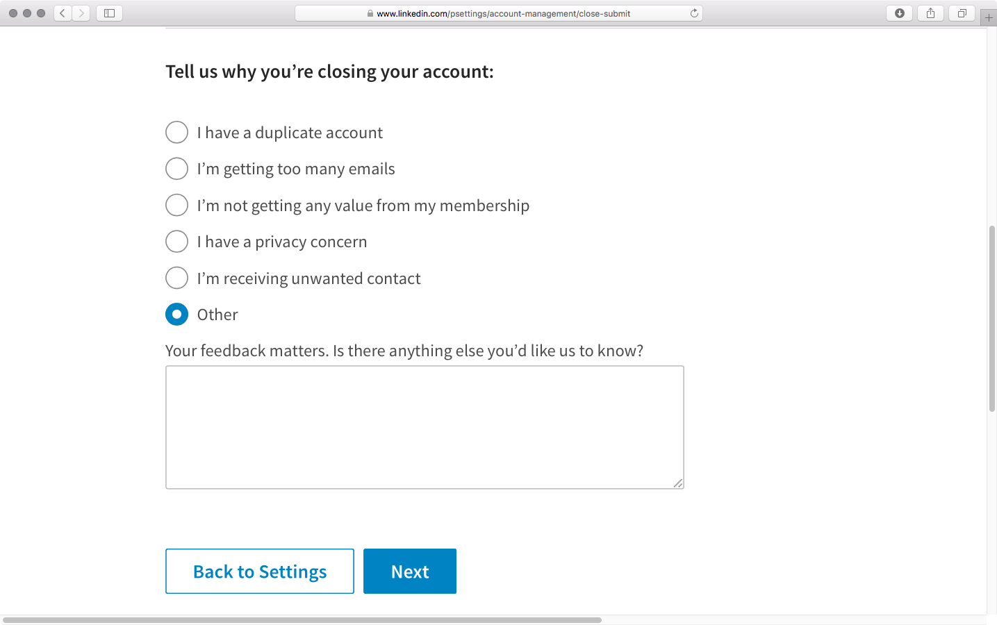 Reason for closing your LinkedIn account